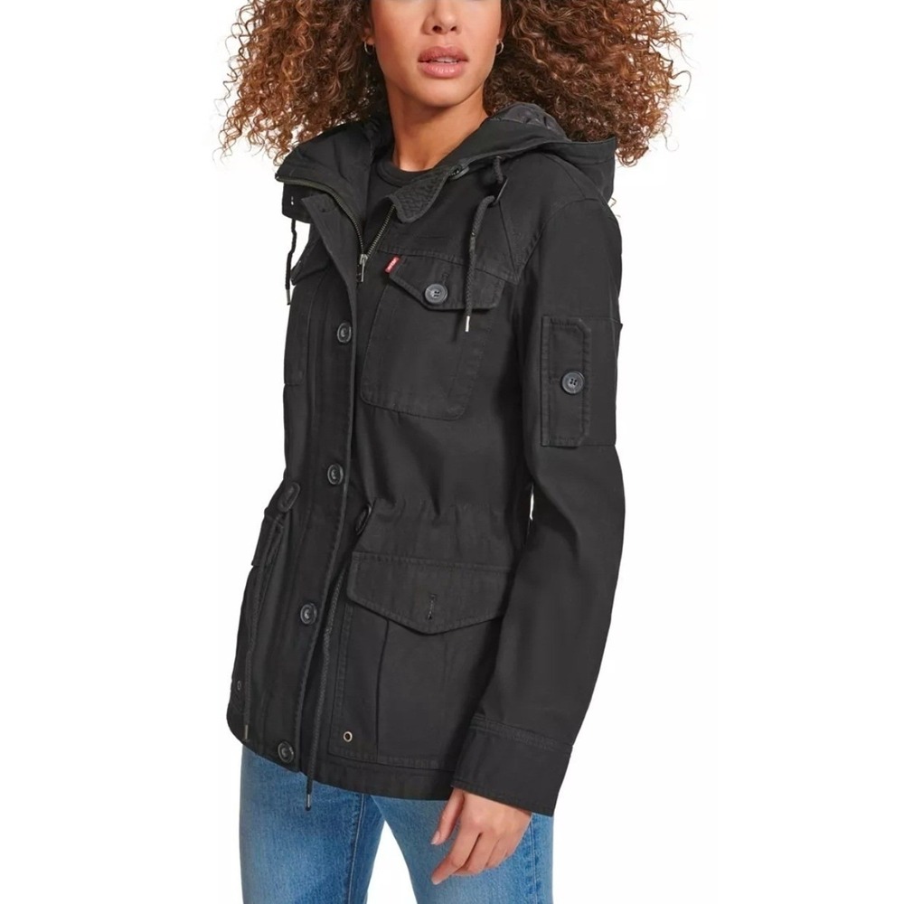 Levi's Women Medium Black Denim Field Jacket Hooded Military Utility Cargo Coat